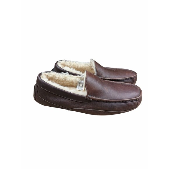 UGG Men\'s Ascot Slippers Dark Spice Brown Leather House Shoes 5379 Size 13 Clean main image 8